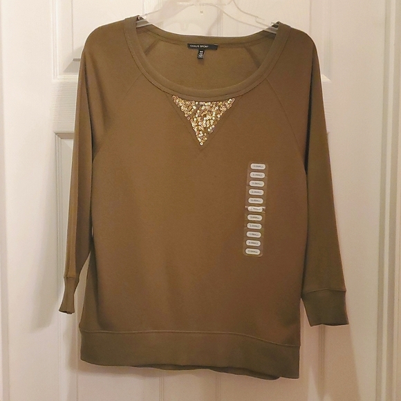 Chaus Sport Deep Olive Lightweight Sweatshirt Top with Sequins Women's Small - Picture 1 of 3